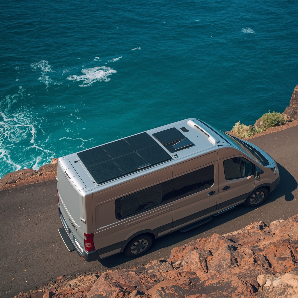 An ultra-modern, metallic aerodynamic adventure van parked on a rugged cliff overlooking the turquoise ocean in Madeira. Solar panels integrated into the roof, professional travel photography style. No people.